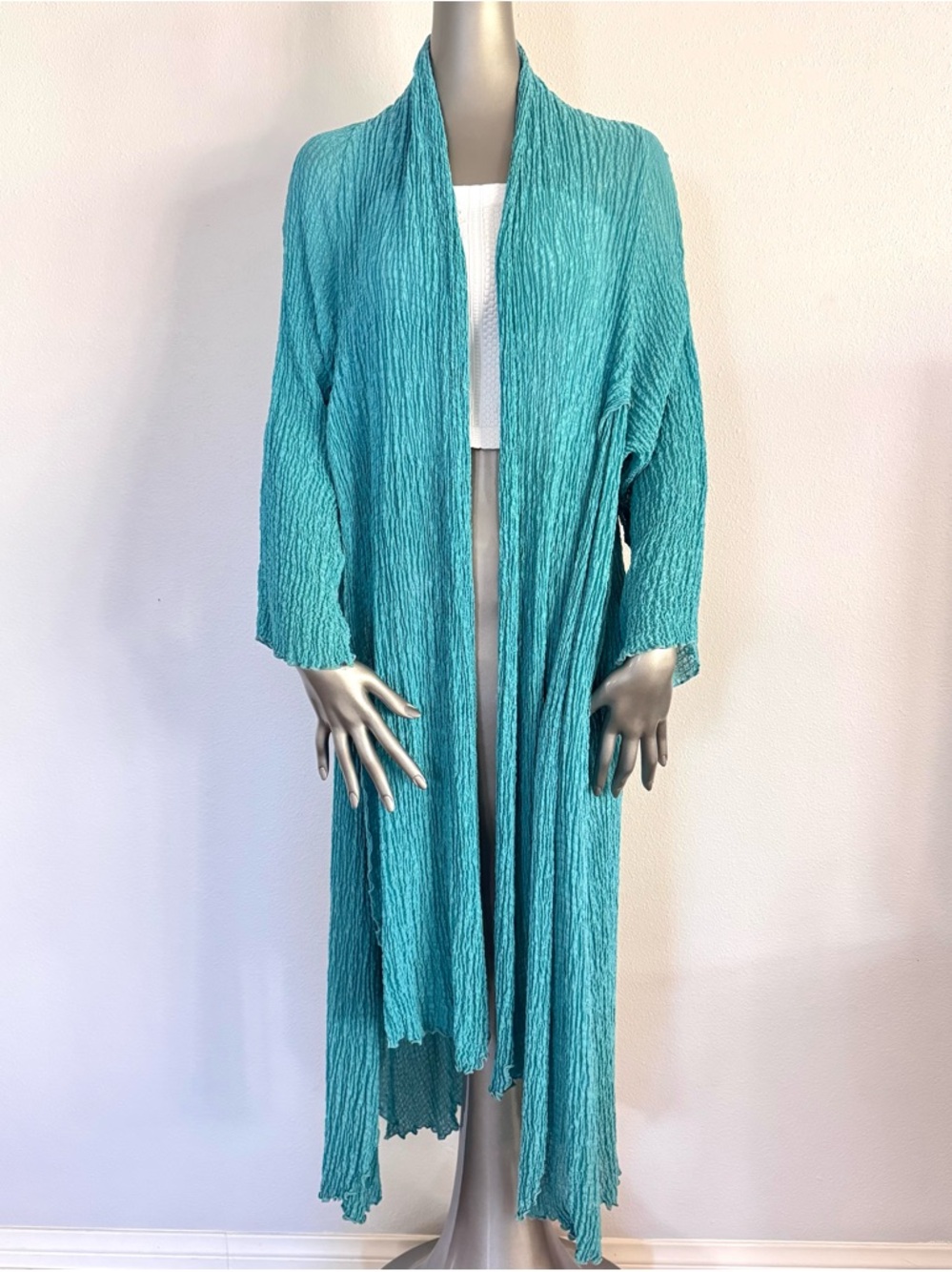 URU Dream Coat 100% Silk Crinkle Duster Cardigan Turquoise Size 2 NWT - Picture 2 of 12